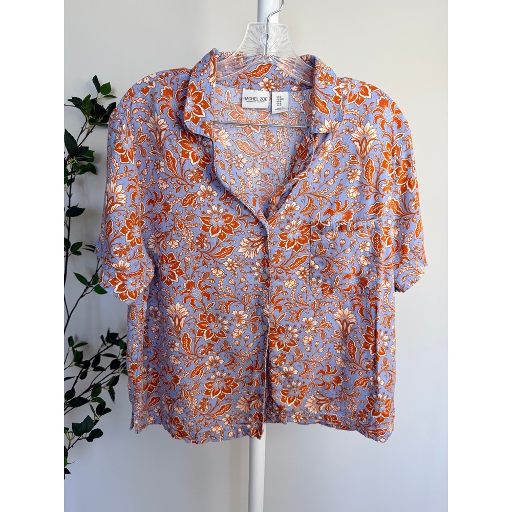 Rachel Zoe Womens Blue Orange Floral Linen Blend Short Sleeve Button Up Shirt M - Picture 2 of 7